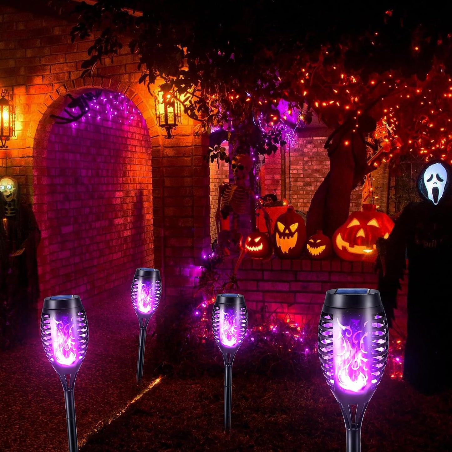 Toodour Solar Torch Flame Lights, 12 Pack Solar Halloween Lights Outdoor | with Flickering Flame, Waterproof Patio Light Landscape Decoration Lighting for Garden Yard Outdoor Halloween Decor - Purple