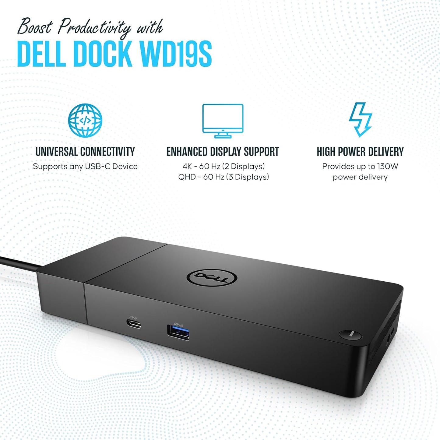 Dell WD19S Docking Station Dual Monitor - 180W USB-C, HDMI + DisplayPort | Features mini-DisplayPort, 2x USB-C & 3x USB-A 3.0 for full expansion