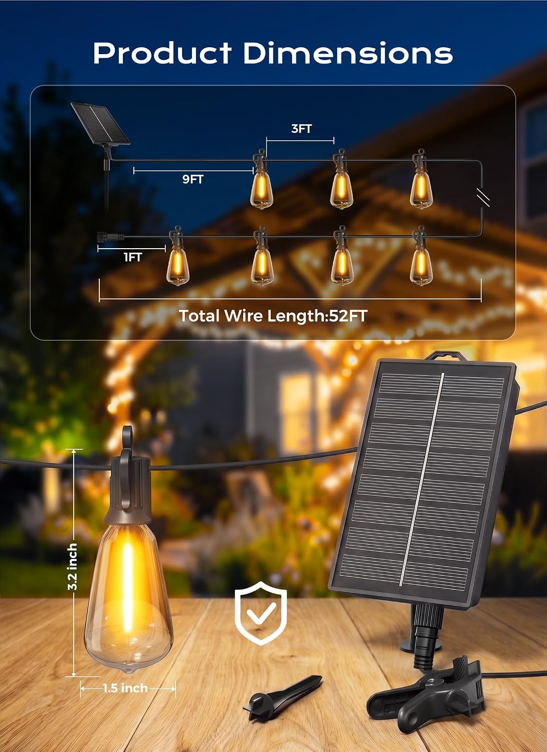 Brightown 52FT Solar String Lights Outdoor Waterproof, Up to 26Hrs Runtime | 15+1 LED Bulbs, USB & Solar Powered, Remote Control & Dimmable Timer, Ideal for Backyard, Garden, Camping & Party Decor