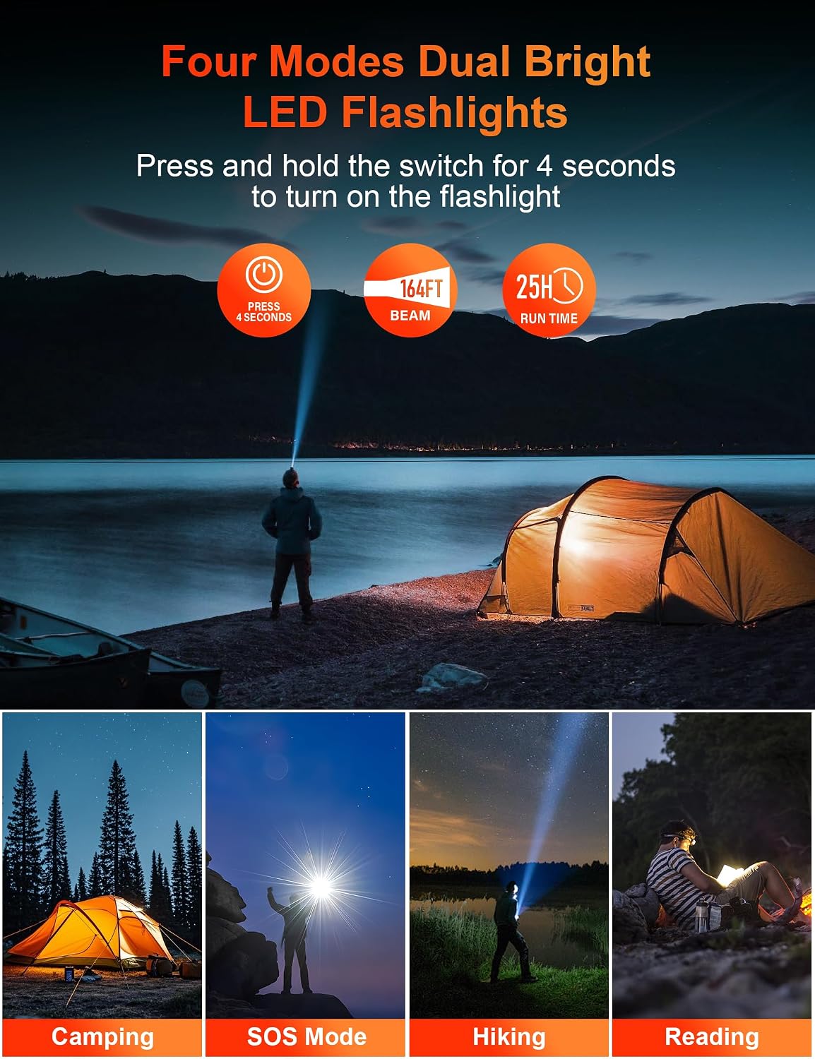 Solar Power Bank 40000mAh PD20W Fast Charging Portable Solar Charger | Built-in 4 Cables, 3 Ports, Dual Bright Flashlight, External Battery Pack for Camping, Hiking, and Outdoor Use, Orange