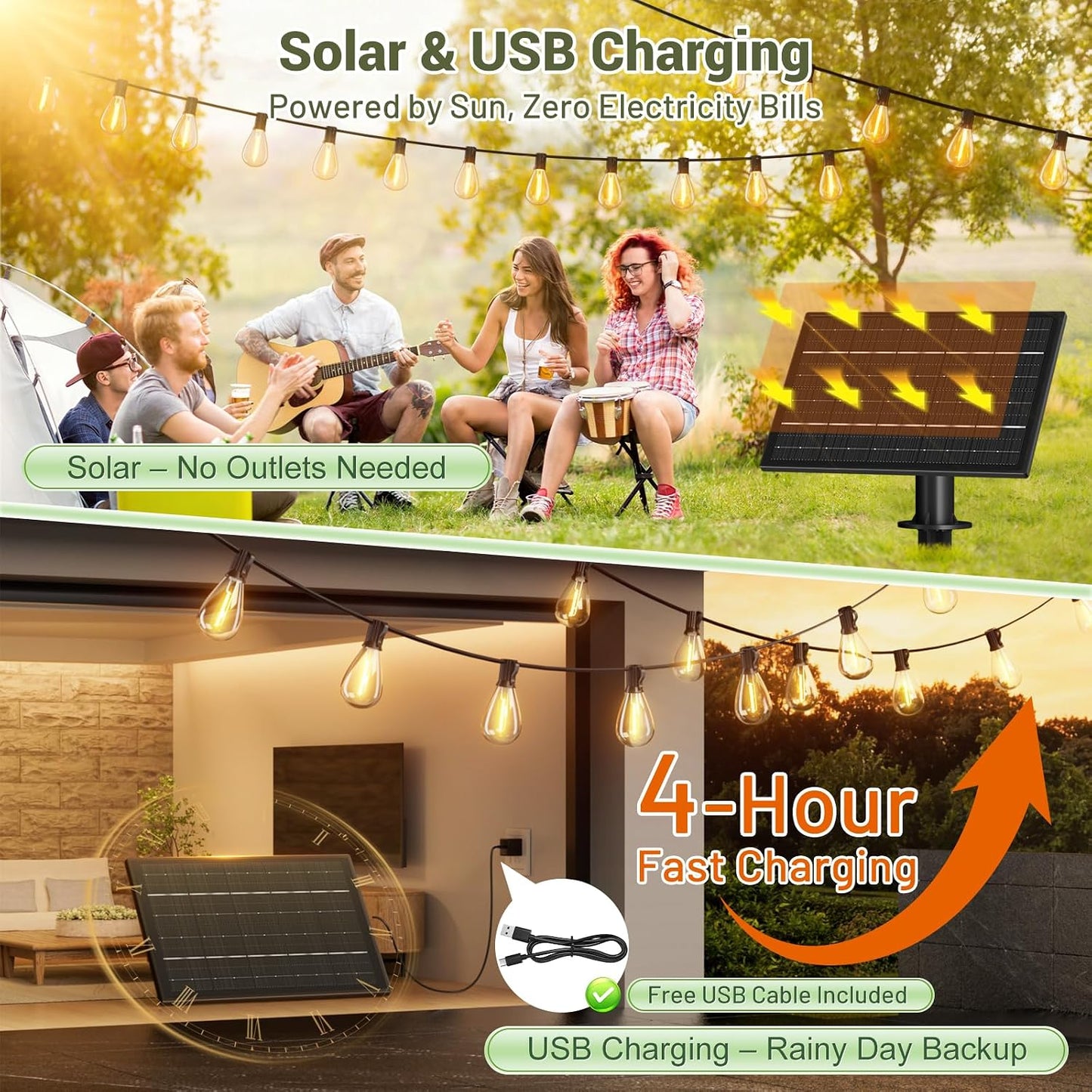 100FT Solar String Lights Outdoor Waterproof, 35+1 LED Shatterproof Bulbs Solar Powered with Remote & USB Port, 3 Light Modes Dimmable Patio Lights for Backyard, Garden, Camping