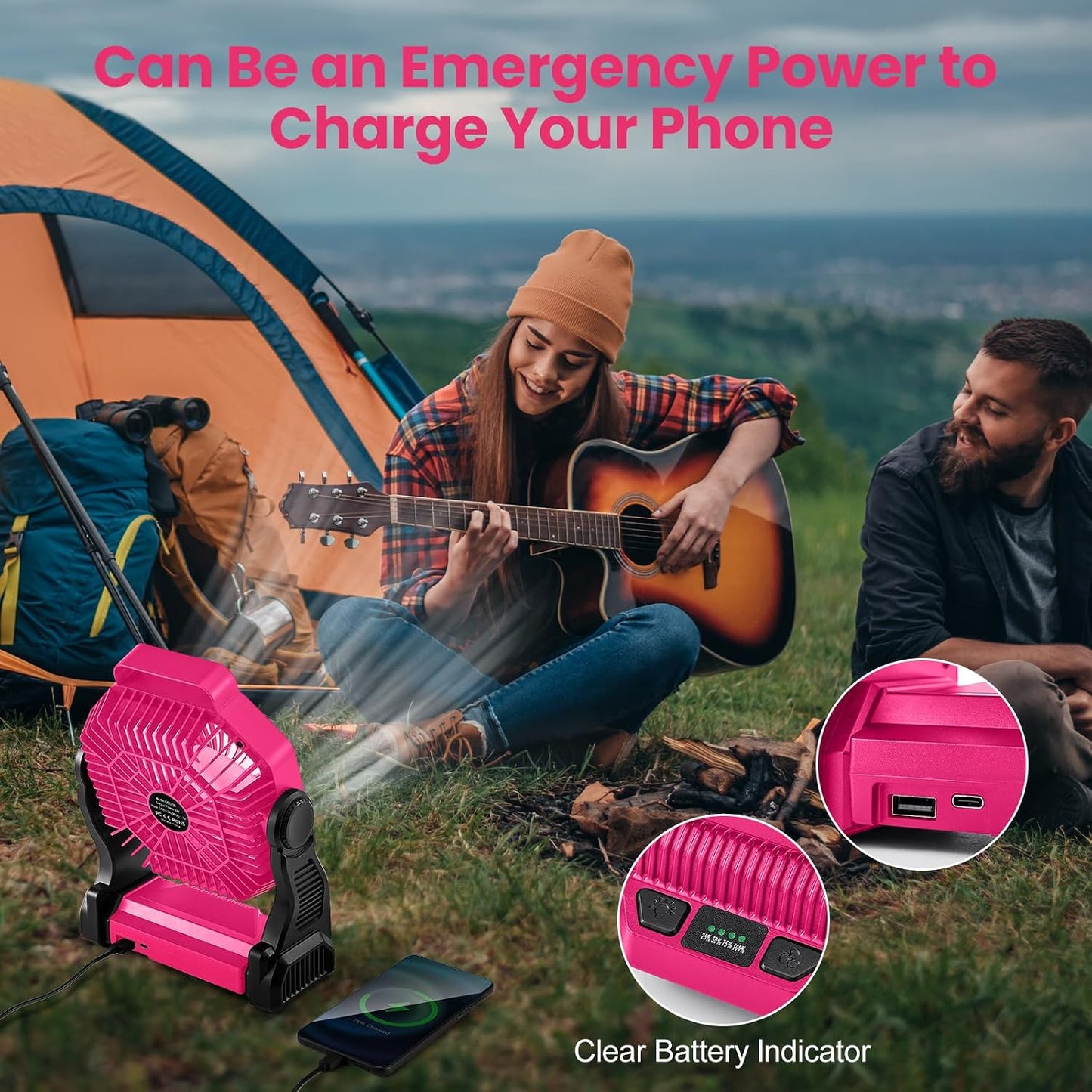Odoland Portable Rechargeable Fan, 20000mAh Camping Fan with LED Lantern | 4-Speed Airflow & 3-Color Light Oscillating Fan with Hanging Hook for Tent Car Beach Hurricane Power Outage, Pink