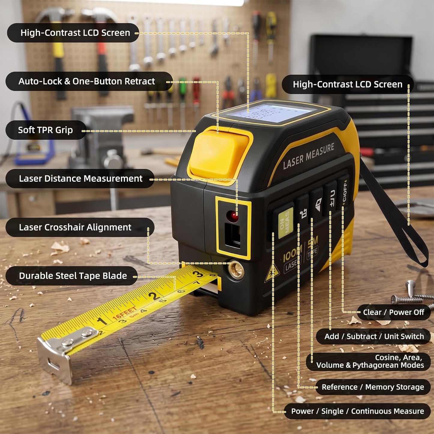 4 in 1 Laser Tape Measure, Digital Measuring Tape with 328ft Laser Measuring Tool & 16ft AutoLock Tape, Cross-Line Laser Level, Rechargeable for DIY Home Construction