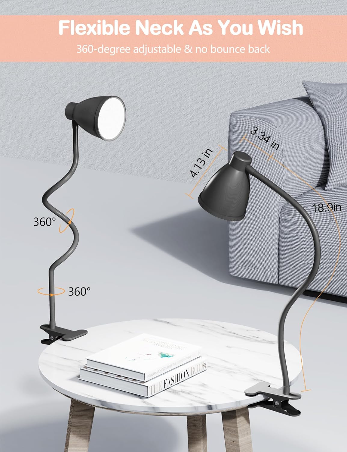 BOHON Desk Lamp 5 Color Modes 10 Brightness Dimmer Reading Light Black | 10W 38 LED Clamp Lamp with Auto Off Timer 360° Flexible Neck Clip on Light for Bed Bedside, AC Adapter Include