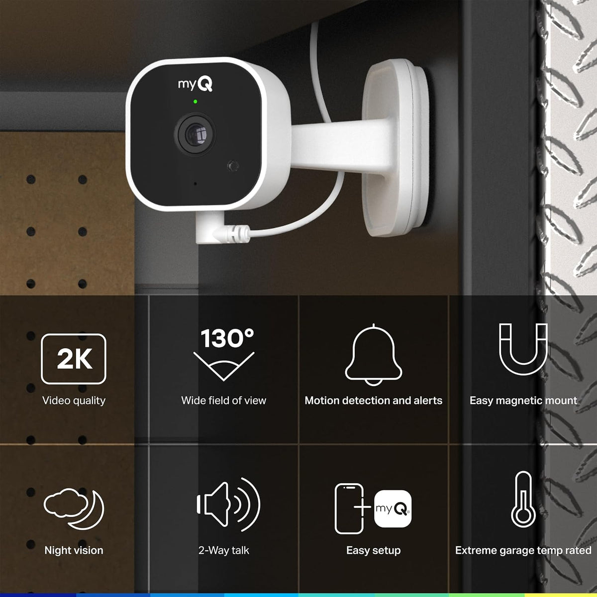 myQ Garage Plug-in Camera Gen 2 – 2K Smart Wi-Fi Garage Camera with Night Vision, Wide-Angle Lens, 2-Way Audio, Magnetic Base & Motion Alerts, App Control – Compatible with Your Garage Door Opener