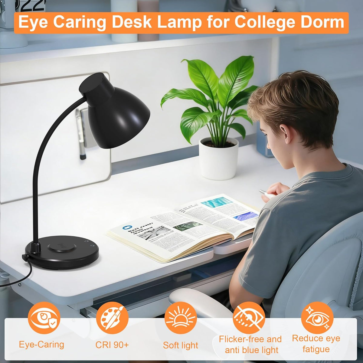 Desk Lamps for Home Office - LED Desk Lamp with Wireless Charger, 3 Color Modes Dimmable Eye-Caring Study Reading Desk Light, Small Flexible Arm Table Lamp for College Dorm Room Bedside, Black