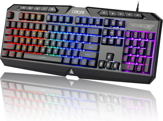 Light Up Gaming Keyboard Wired for PC PS5 Computer, USB Plug & Play, Quiet | 19-Key Anti-Ghosting, 12 Multimedia Keys, 114 Membrane Keys, Waterproof, Rainbow LED, Mechanical Feeling for Windows Gamer