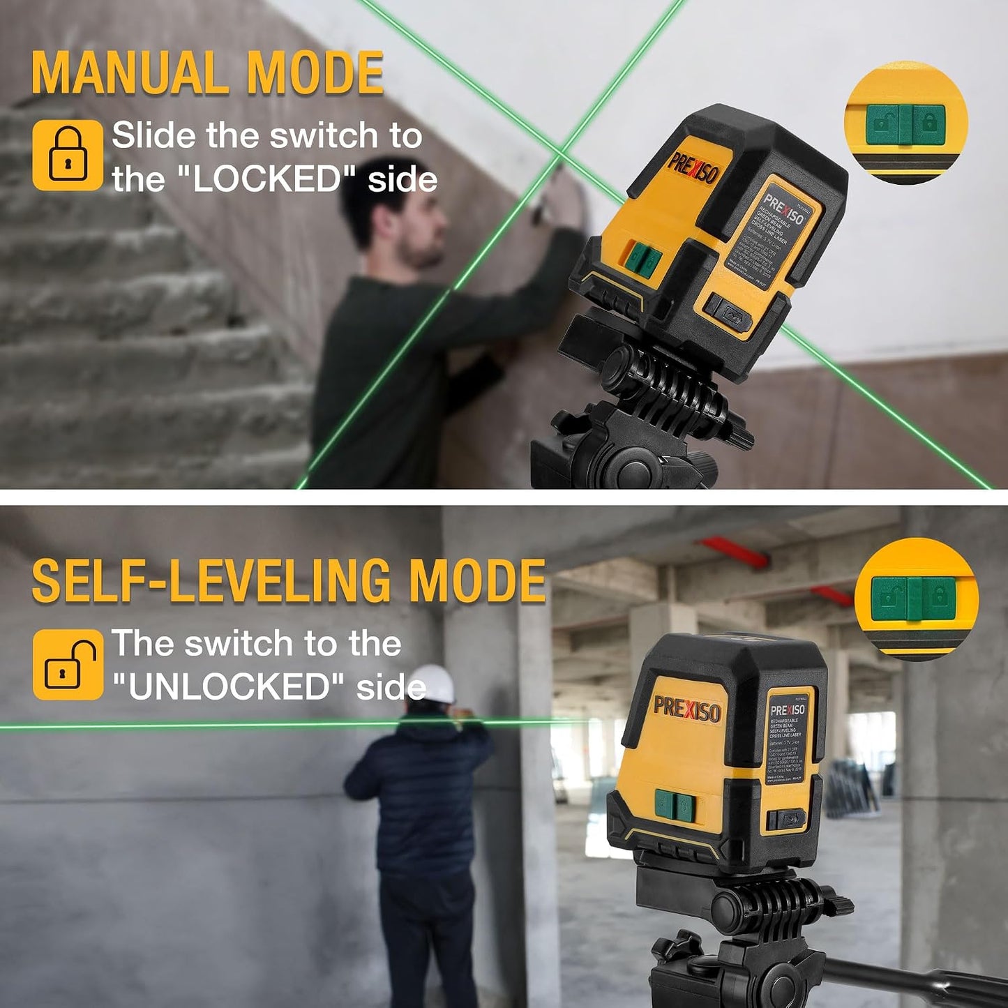 PREXISO Laser Level with Tripod, 100Ft Rechargeable Dual Modules Line Laser | Self Leveling Wide Angle Cross Leveler Tool for Construction, Floor Tile Renovation with Magnetic Base, Target Plate, Bag