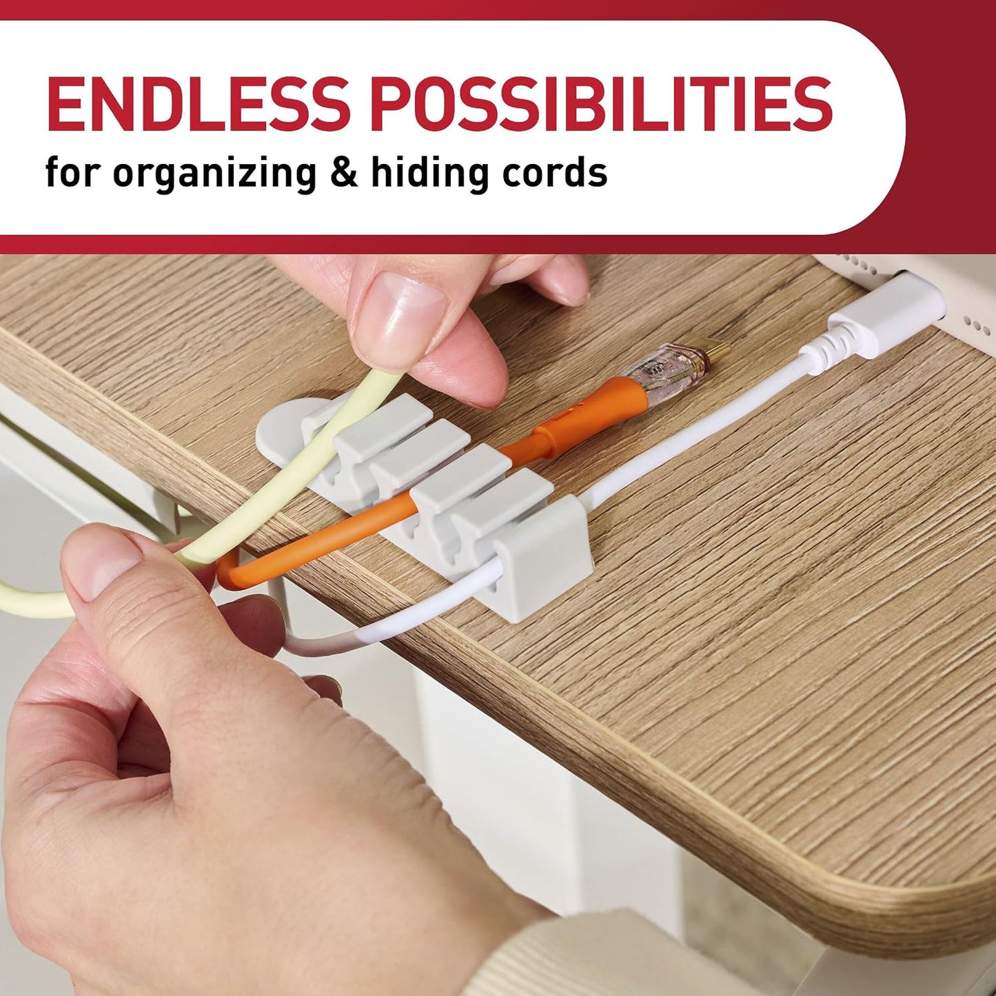 Command 5-Cord Clip Organizer, 4 Clips and 8 Medium Strips, White, 1 Clip Holds up to 5 Charding Cords, Great for Damage-Free Electronics Organization Under Desk or Wall Mount