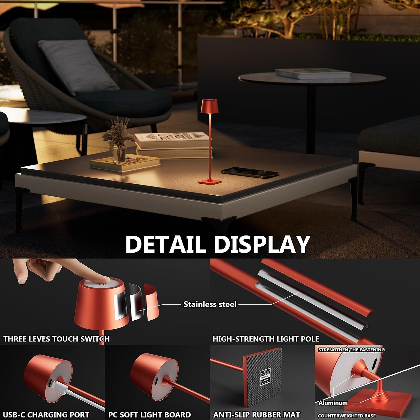 Timjorman Compact Cordless Table Lamp, Rechargeable LED Night Light, Dual Light Source (RGB Top & Warm Bottom), Touch Control & Timer, Metal Lamp for Bedroom & Kids Room (Red 1-Pack)