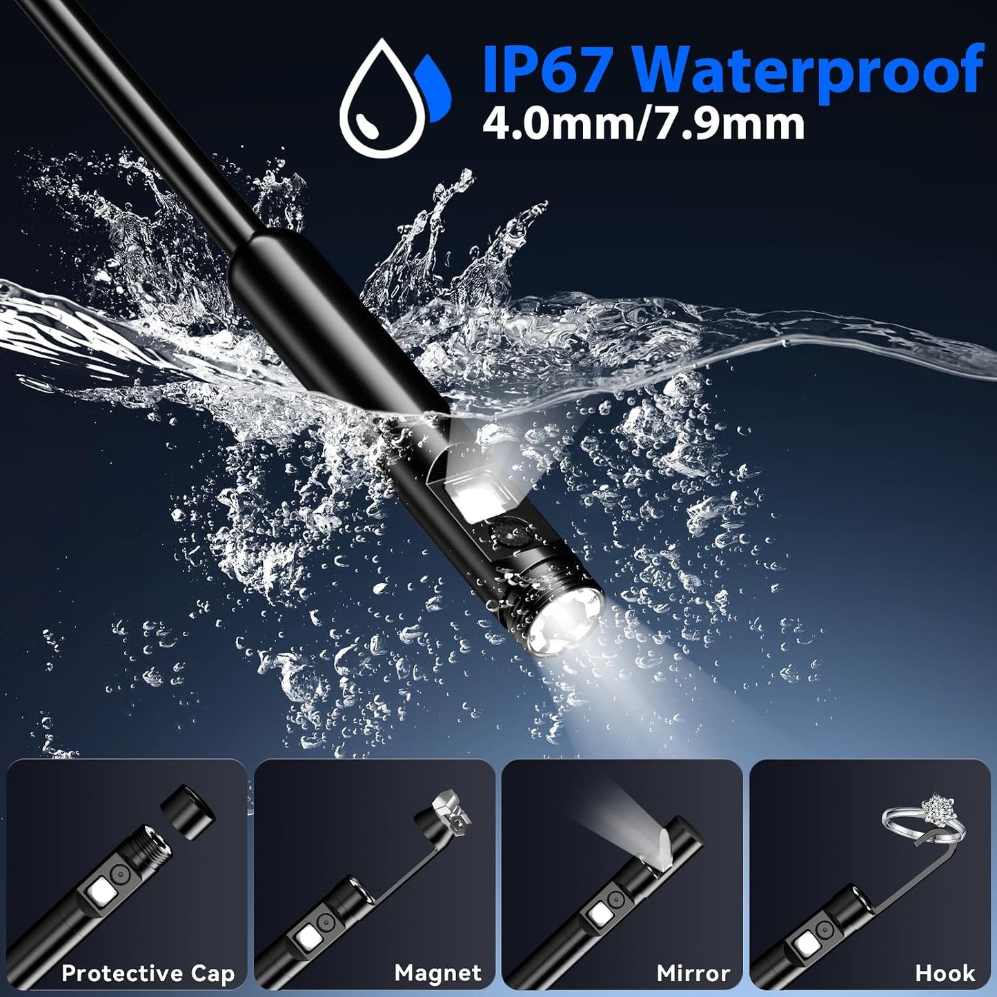 Endoscope Camera with Light, Dual-Lens 1920P HD Borescope Tools with 8+1 Adjustable LED Lights, 16.4FT Semi-Rigid Snake Cord IP67 Waterproof Inspection Camera for iPhone, iPad, iOS and Android Phone