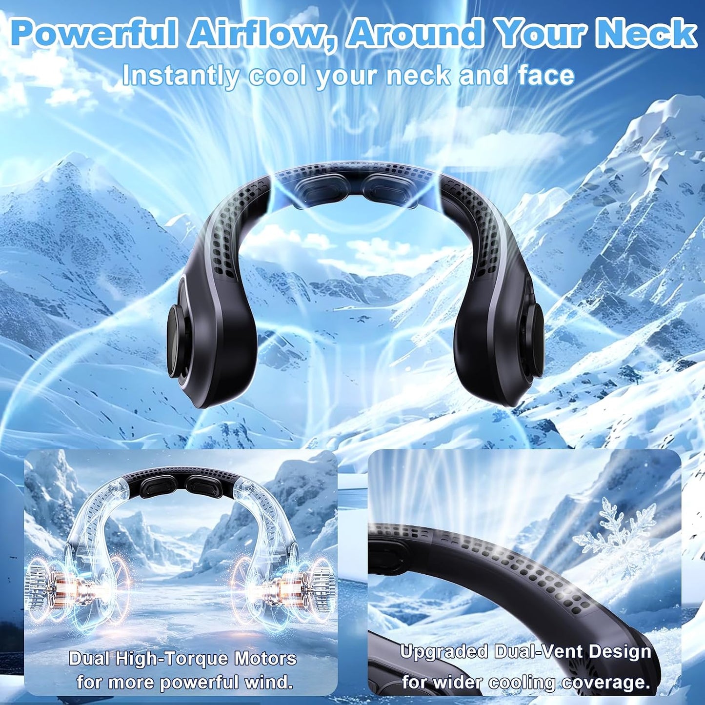 Portable Neck Fan Rechargeable - [with LED Display] 5 Speeds, 5000 mAh Battery Operated Wearable Personal Cooling Bladeless Fan for Outdoor Travel, Gifts for Men Women Kids,Black