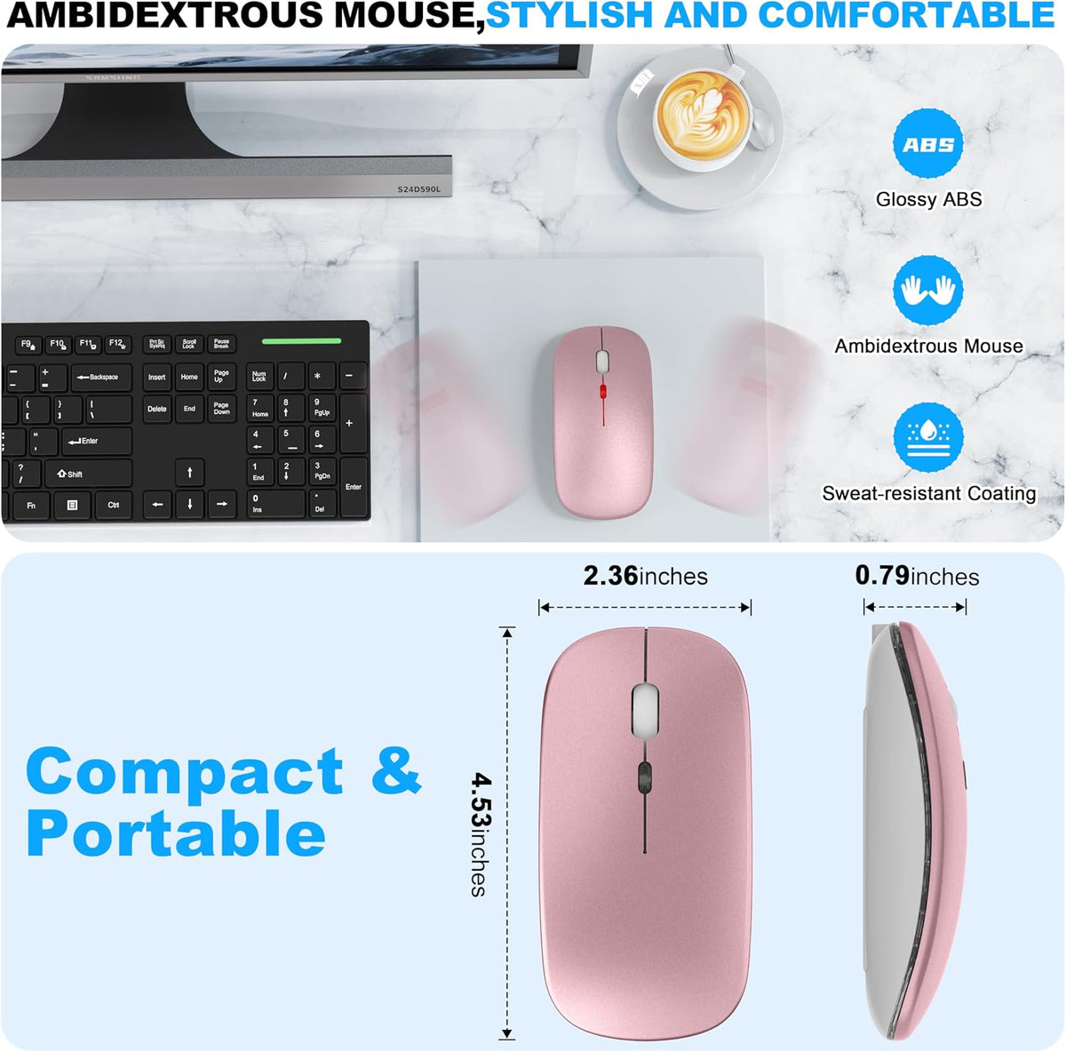 LED Bluetooth Wireless Mouse for MacBook Air Mac Pro Laptop iPad–Rose Gold | Rechargeable Silent Light-Up Optical Mouse with Jiggler Dual Mode BT5.2 & USB-A/USB-C for Students Kids Girls Boys