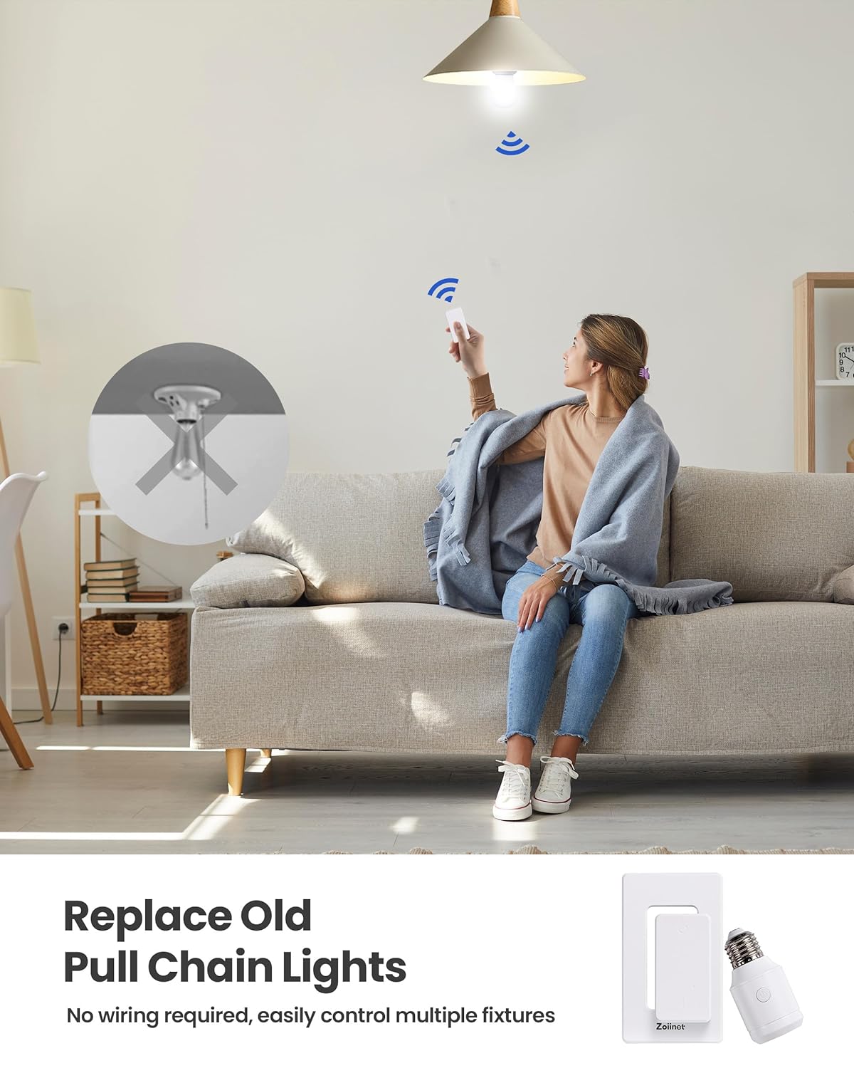 Zoiinet 500W Remote Control Light Bulb Socket, Wireless Light Switch for Pull Chain Lighting Fixture, E26 E27 Bulbs Base Holder, Programmable, No Wiring Needed, for Bedroom, Stair, Closet & Garage