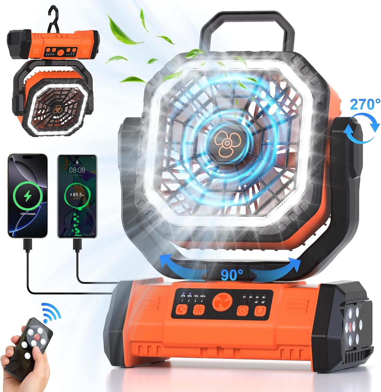 Honesorn 20000mAh Rechargeable Fan Portable 11-Inch, with LED Light Remote | Up to 60H Runtime, 45°/90°Oscillating, Hanging Hook, 4 Speeds, 8H Timer, USB-C Charging, for Camping, Tent, Travel, Outdoor