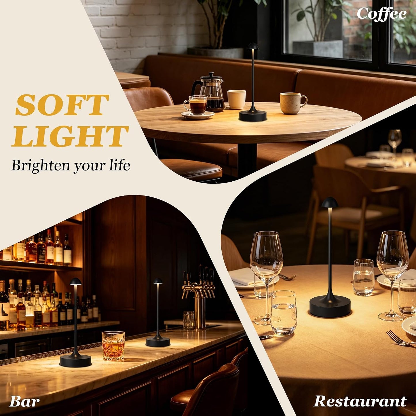 Cordless Rechargeable Table Lamp, Battery Operated Desk Lamp, Black, 2 Pack | Wireless Night Light, 3 Color Modes, Stepless Dimming, Portable LED Lighting for Dining Room, Restaurant, Bedside, Kitchen