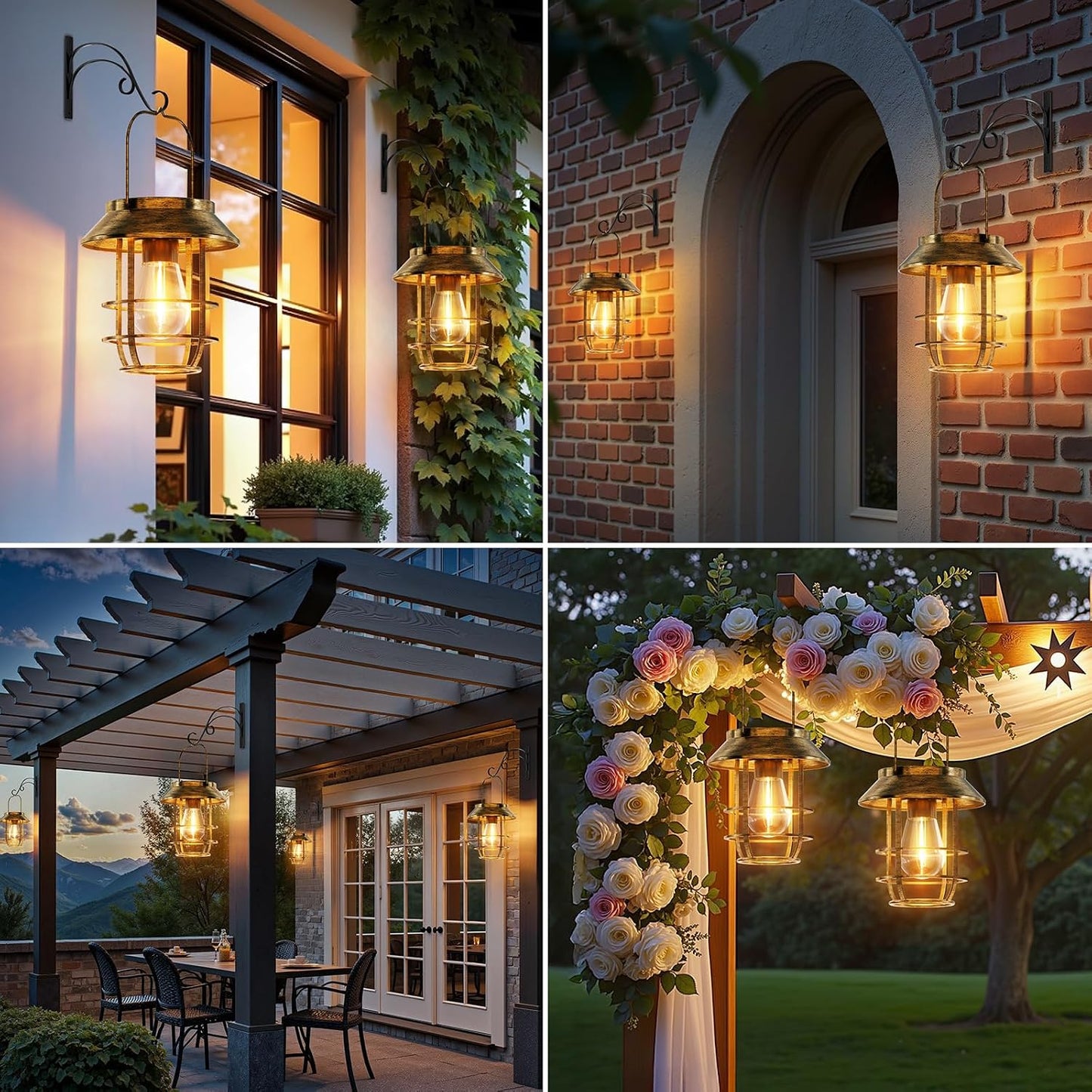 Ahaorigin 2 Pack Solar Lanterns Outdoor Waterproof, High Brightness Hanging Solar Lights for Outside with Wall Hooks, Retro Metal Outdoor Lanterns Auto On/Off for Garden, Porch, Patio, Yard Decor