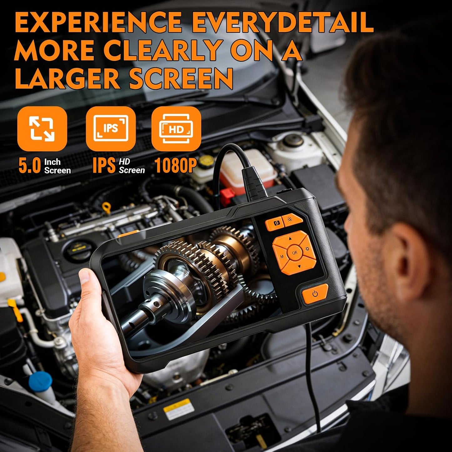 Dual Lens Endoscope Camera with Light, 1080P Borescope | 5" IPS screen inspection camera with 16.5FT semi-rigid snake cable & 32GB card for automotive plumbing