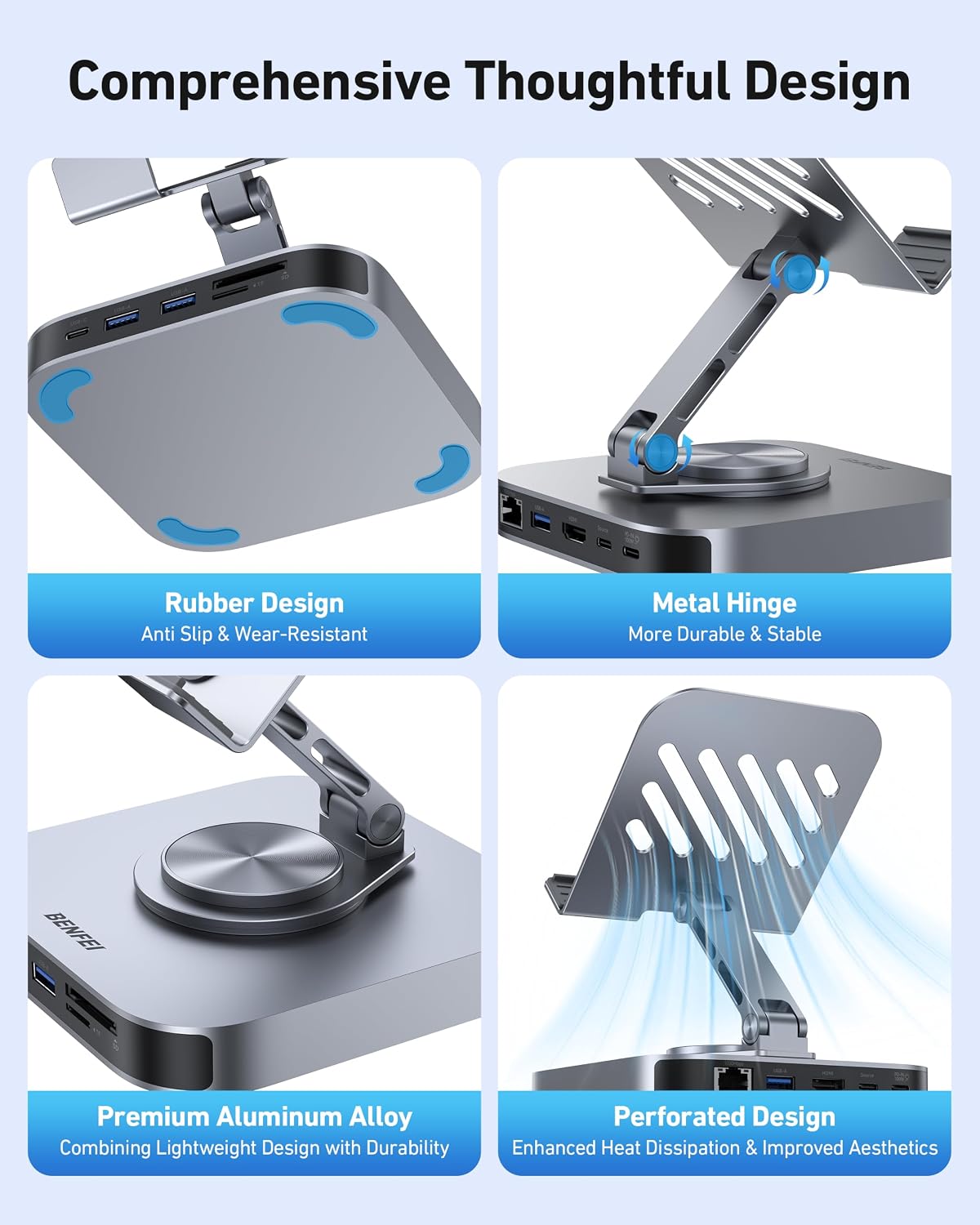BENFEI USB C Hub Tablet Stand, 9-in-1 Foldable Rotating iPad Docking Station with 4K@60Hz HDMI, Ethernet, 1xUSB-C & 3X USB 3.0, 100W PD, SD/TF Card Reader for iPad Pro/Air/Mini