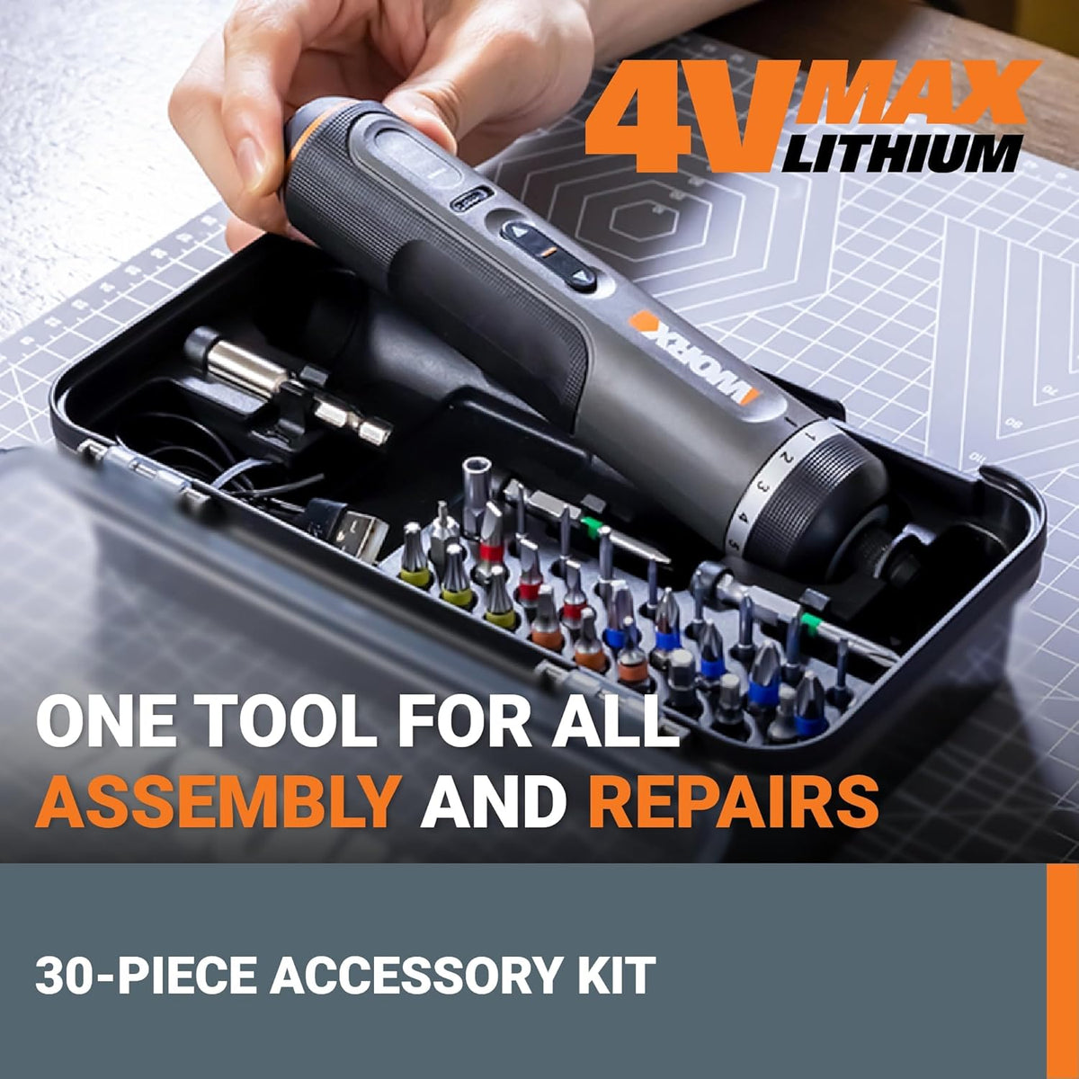 WORX Cordless Screwdriver, 4V 30-Piece Accessory Kit, WX242L | Cordless Driver with Rechargeable Battery, Black/Silver, for Home DIY, Assembly, Furniture Installation and Repairs
