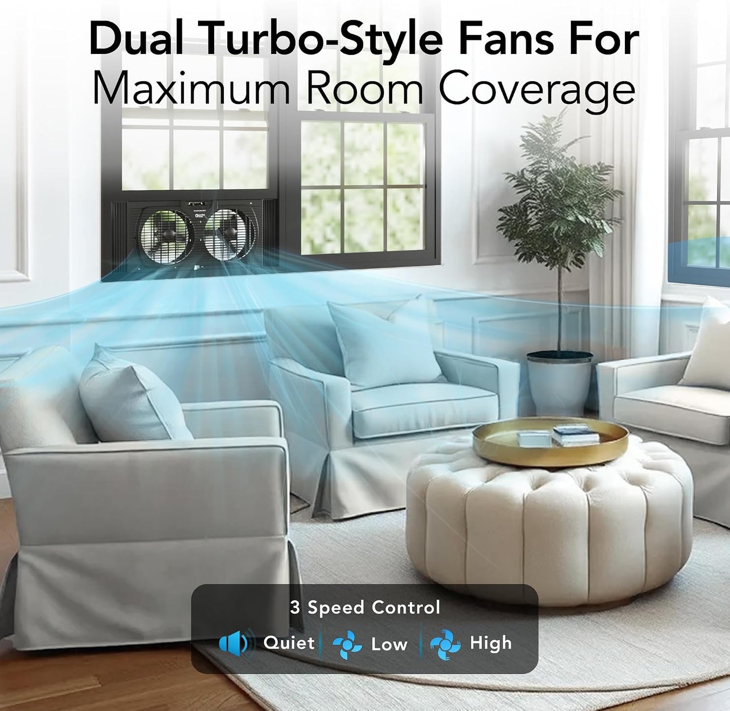 Comfort Zone Window Fan for Bedroom, 9 inch 3 Speed Dual Fans with Auto-Locking Expanders, Window Exhaust Fan, Removeable Bug Screen, Black
