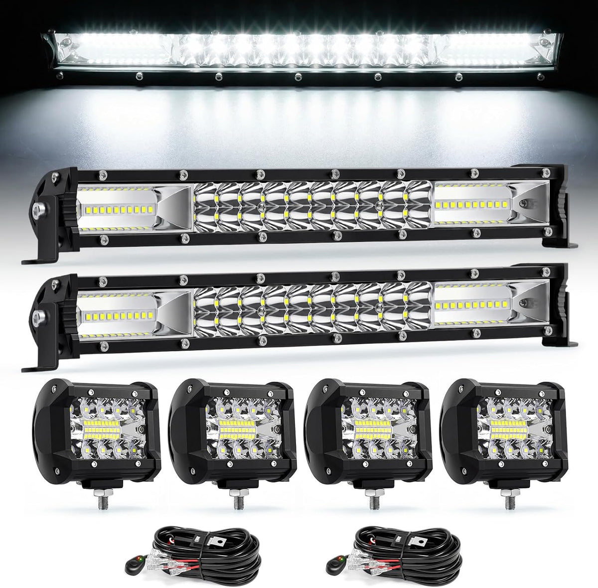 LED Light Bar Kit, 32Inch 585W Ultra Slim Double Row Light, 4PCS 72W Cube Light with Wiring Harness, Off Road Accessories Fog Lights for SUV ATV UTV Tractor Pickup Boat