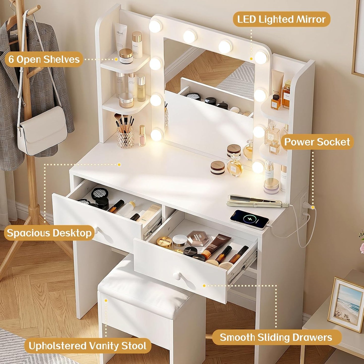 FUXA Makeup Vanity Desk with LED Mirror and Chair Set, White | 3 Lighting Modes, Built-in Charging Station, Storage Drawers and Shelves for Bedroom