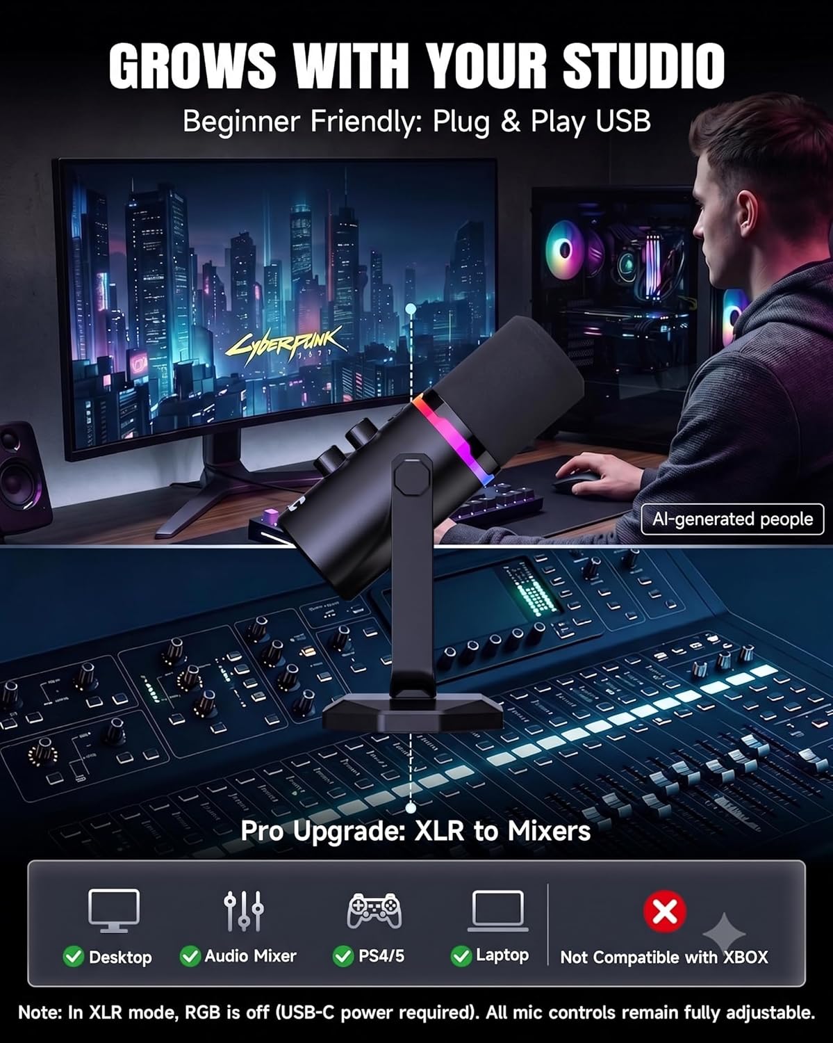 AOC USB/XLR Dynamic Microphone for PC Gaming, Podcast & Recording, Dual-Mode RGB Mic& Streaming Vocal Gear with Heavy-Duty Desk Stand, Clicky Mute, 7.5ft USB & 6.5ft XLR Cables Included