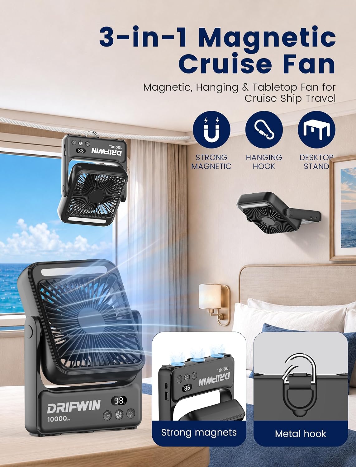 Magnetic Cruise Approved Fan with Night Light, 10000mAh Ultra-Slim Travel Fan, 4-Speed, Hook Design, Portable Fan for Cruise Ship Cabin, Bedroom Sleeping, Camping, Travel & Cruise Essentials 2026
