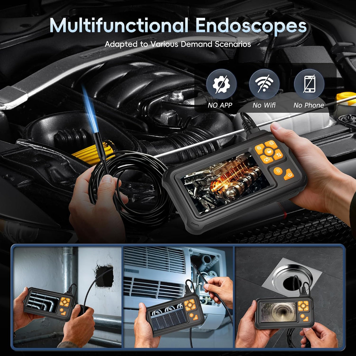 50FT Inspection Endoscope Camera with Light,1080P HD Borescope Camera | IP67 Waterproof Sewer Camera with 8 LED Lights Snake Camera with 4.3" IPS Screen, Semi-Rigid Cable for Auto & Plumbin Tools