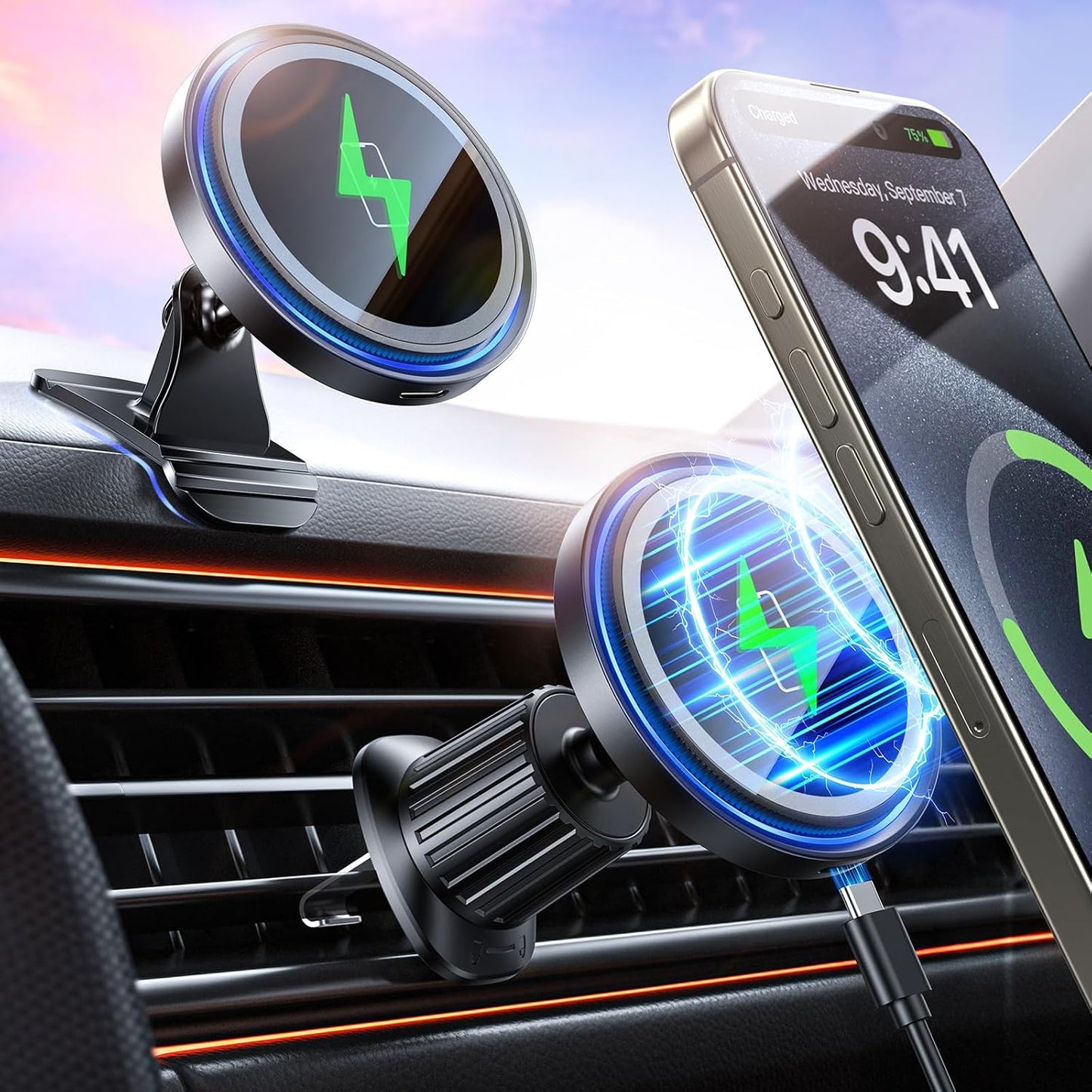 Magnetic Car Mount Charger 15W Magnetic Wireless Car Charger for iPhone 17 Accessories Magnetic Phone Holder for Car 3 in 1 Magnetic Car Mount for iPhone17Pro/16/15/14/13/12 Series Gifts for Men Women