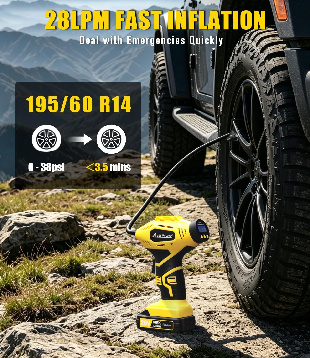 AVID POWER 20V Rechargeable Cordless Tire Inflator Portable Air Compressor | Auto Shut-Off, 12V DC Adapter, Air Tire Pump for Car, Bike, Ball, Motorcycle, 30 LPM, Digital Gauge, Yellow, for Emergency