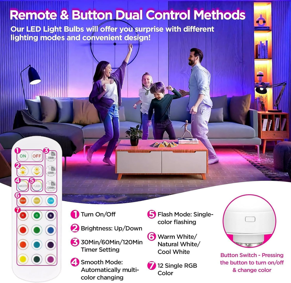 Yochoice Rechargeable Battery Operated Light Bulb with Remote, 2-Pack