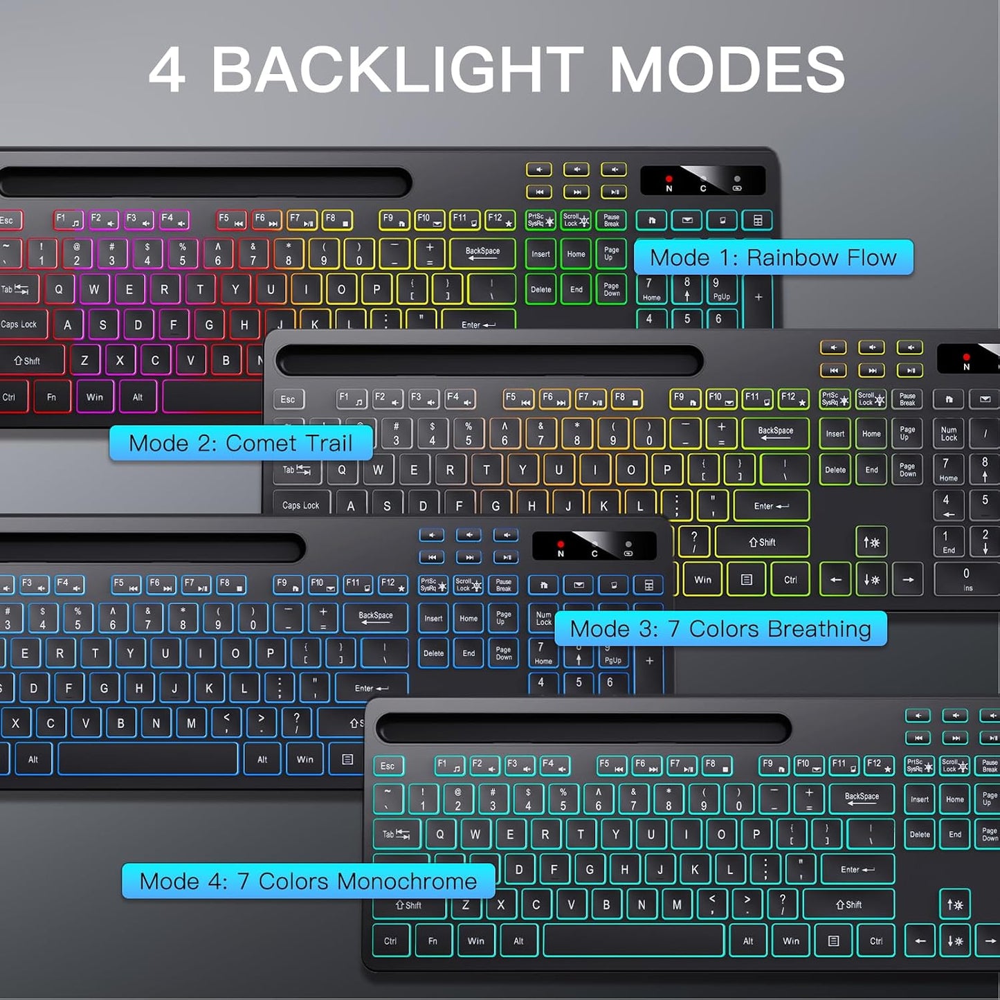 Soueto Wireless Keyboard with 7-Color RGB Backlit, Full-Size Computer Keyboard with Phone Tablet Holder, 2.4G Rechargeable Gaming Keyboard with Light Up Keys, Compatible with Mac, Windows (Black)