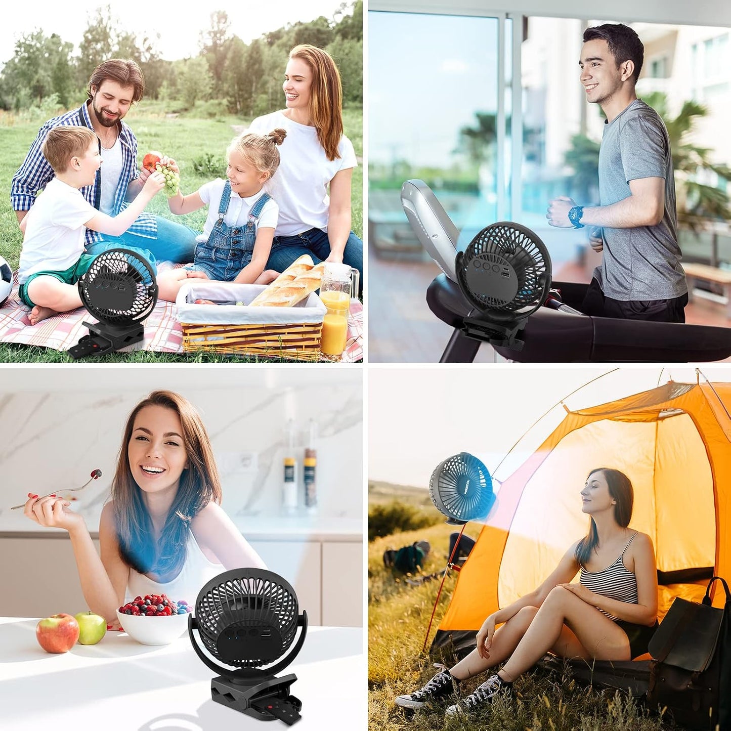 Clip on Fan, 65Hours Portable Rechargeable Fan with LED Lights/Remote/Hooks | 12000mAh Battery Powered Fan with Strong Clamp, Small Desk Fan Mini Fans for Tents Travel Outdoor Camping Golf Cart, Black
