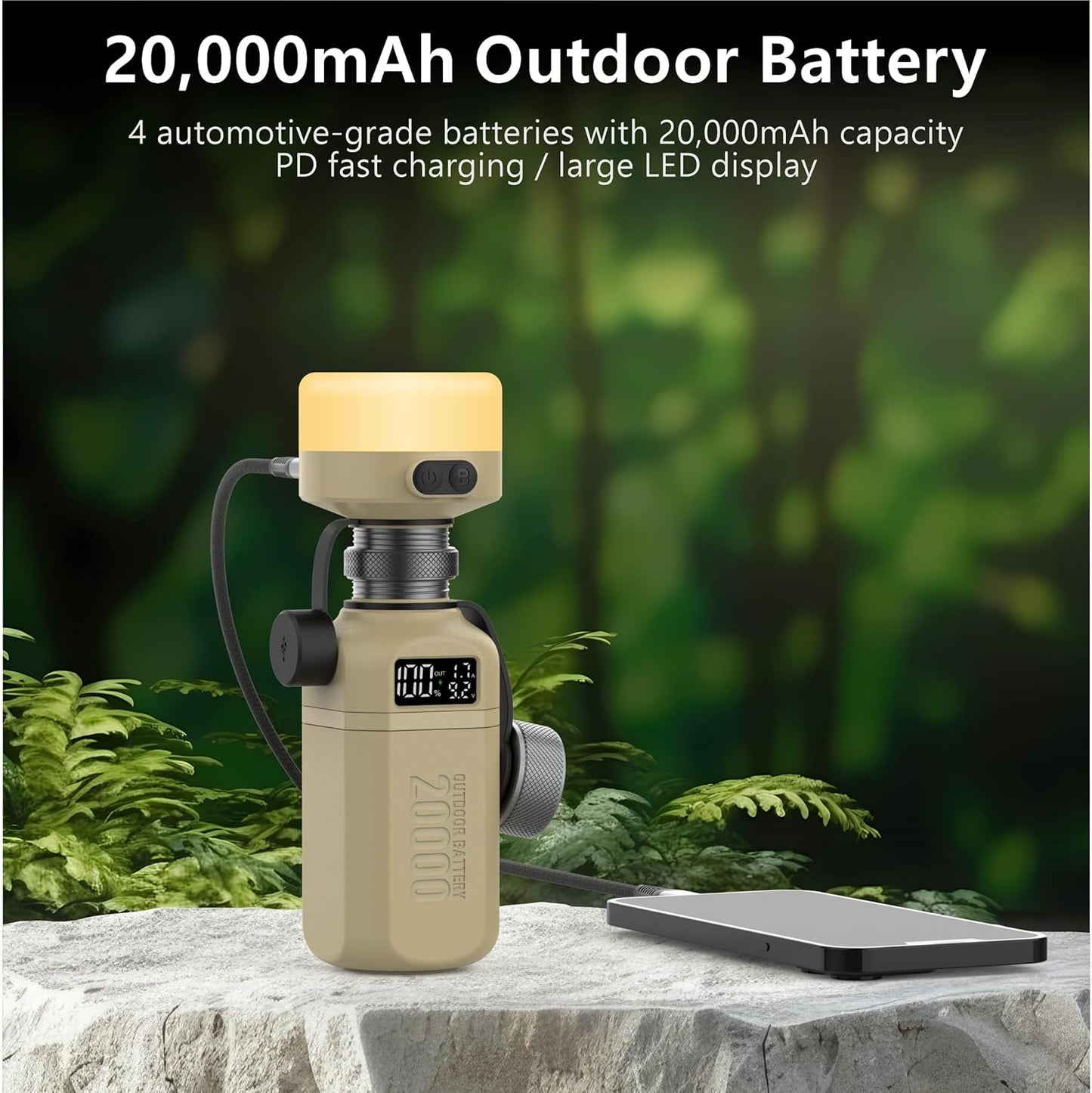 20,000mAh Rugged Power Bank with Fast Charge USB-C PD, IP68 Waterproof Shockproof, Includes 420lm Bright Camping Lantern, Tactical Outdoor Charger for Hiking Camping Survival Emergency