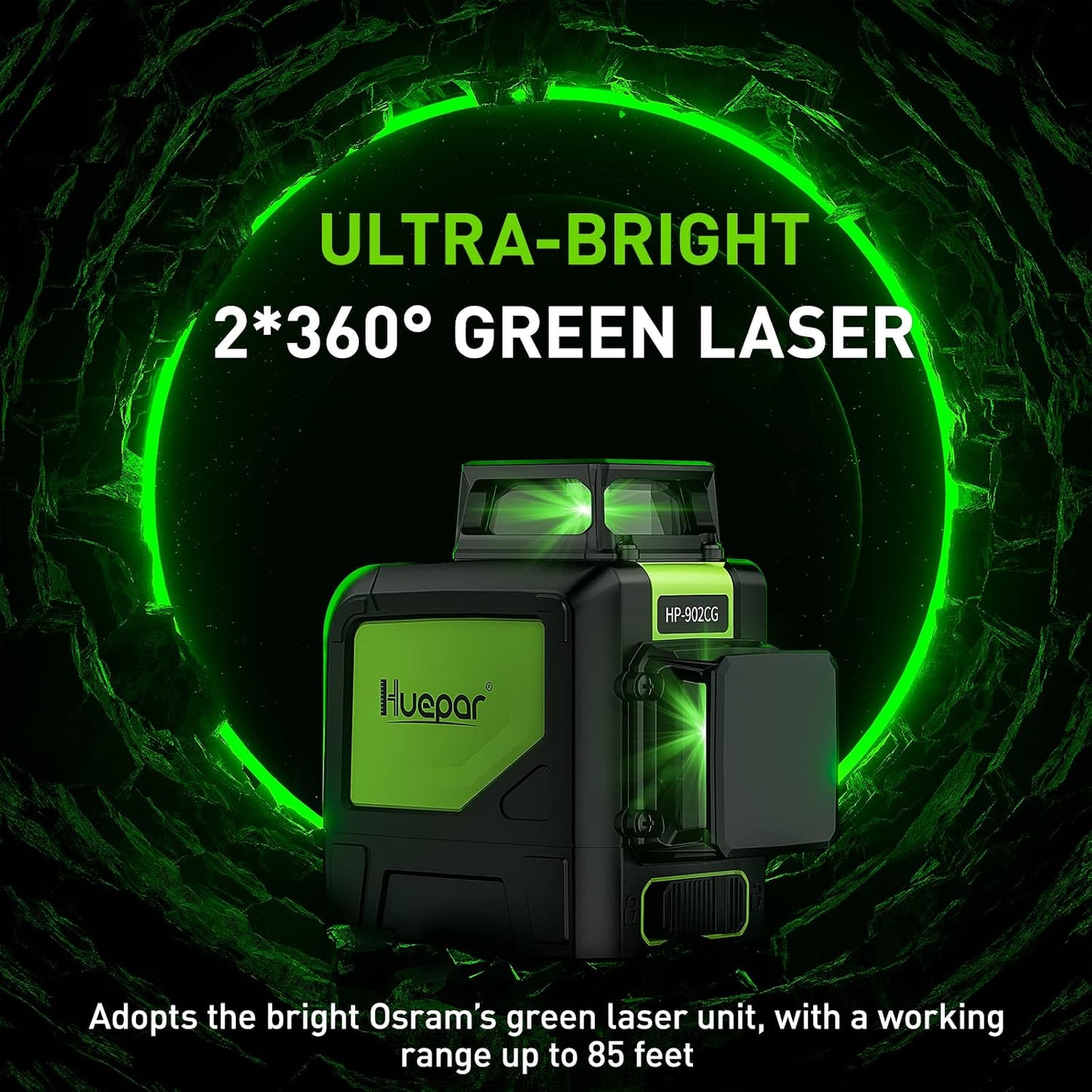 HUEPAR Self-Leveling Laser Level, 2×360 Green Beam Cross Line Laser Tool, Alignment 360-Degree Horizontal Line with Pulse Mode, Magnetic Pivoting Base Included