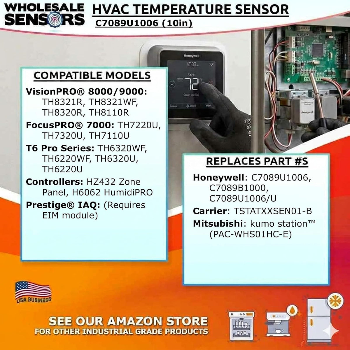 Replacement Honeywell C7089U1006 Outdoor Temperature Sensor with 10" Wire Leads, 12 Month Warranty & USA Support