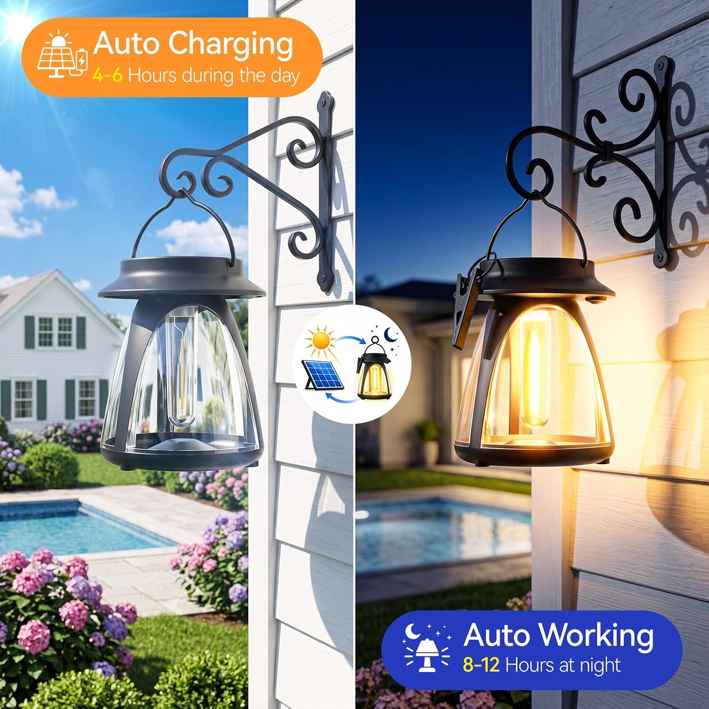 Outdoor Hanging Solar Lanterns, IP65, 2 Brightness Modes, 2 Pack | Warm white light with 2 brightness modes, 8–12 hour runtime and dusk-to-dawn sensor for patios, porches, yards and camping