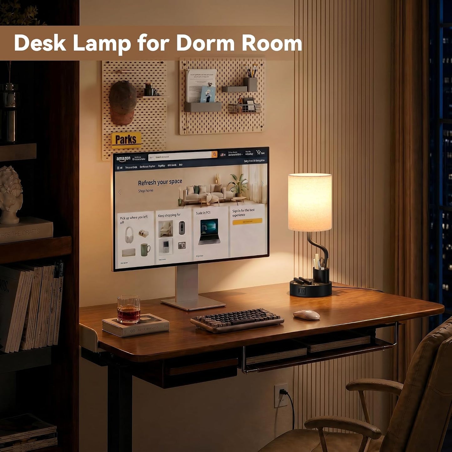 Fenmzee Bedside Lamps for Bedroom Set of 2 - Table Desk Lamp for Nightstand | 15" Table Lamp for Living Room with Pen Holder & Phone Stand, USB A+C Port, AC Outlet, 3 Color Temperature, LED Bulb Included