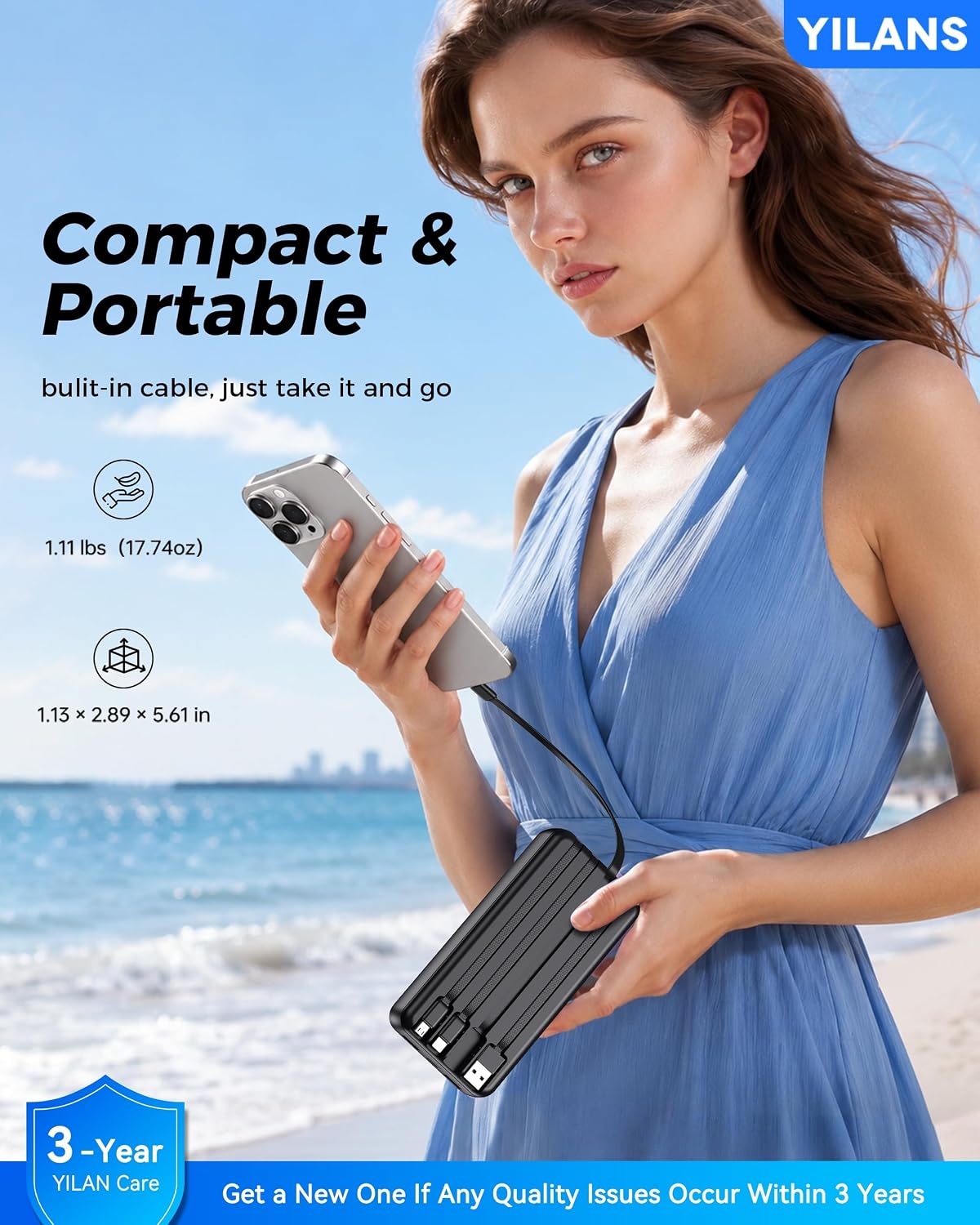YILANS Portable Charger 50000mAh, 22.5W Power Bank with Built-in 4 Cables | Charges 6 Devices, Fast Charging Travel Essential, External Battery Phone Pack for iPhone 17-12, for Samsung/Android/iPad