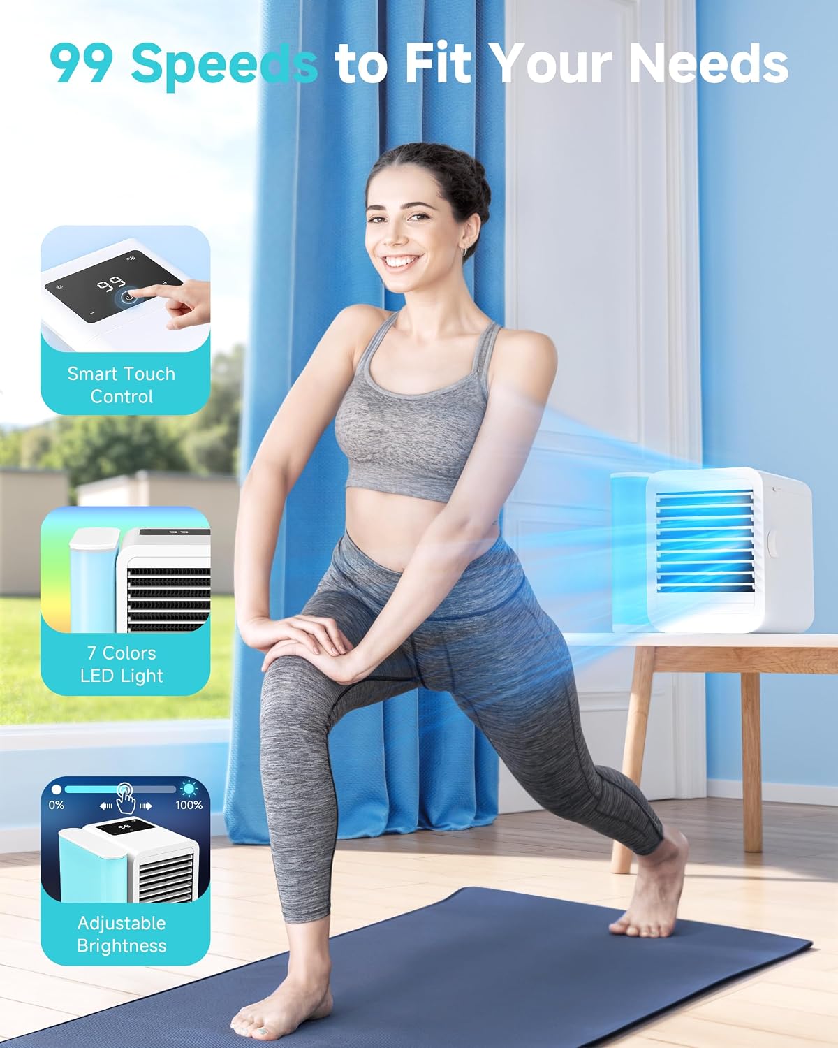 Portable Air Conditioners Fan: Air Conditioner, Ac Unit | Evaporative Air Cooler - Personal Mini Air Cooler with Timer & 7 Light Ac Unit for Bedroom Room Desktop Office (Pearl White)