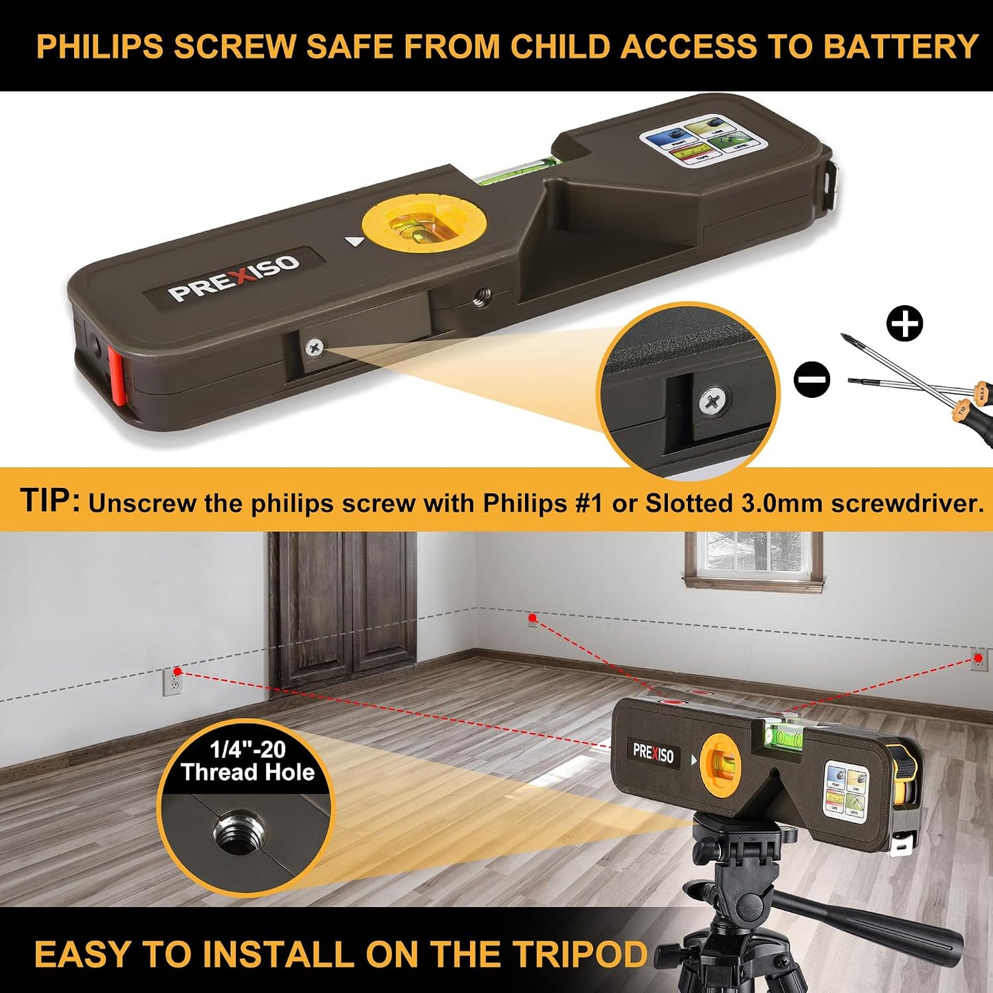 PREXISO 4-in-1 Line Laser Level Multipurpose Torpedo Level, 65Ft Alignment Point & 16Ft Laser Line & 10Ft Measure Tape Ruler & Quick Angle Setting for Hanging Picture Wall Marking Home Renovation