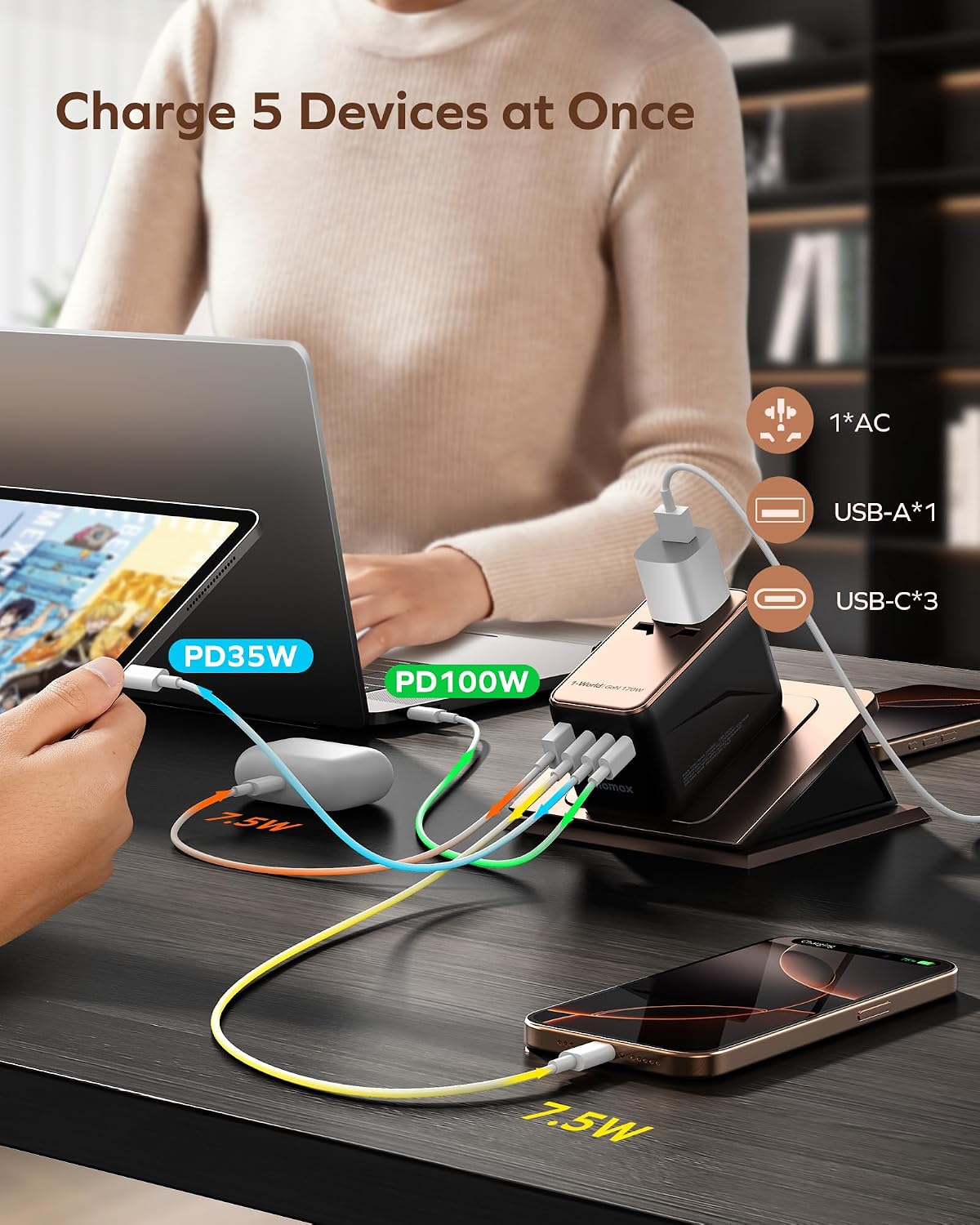 MOMAX Universal Travel Adapter Worldwide 170W GaN, 3 USB-C PD & 1 USB-A QC International Power Adapter for Laptop Fast Charging, European Travel Plug Adapter for UK/US/AUS/JP, Travel Essentials