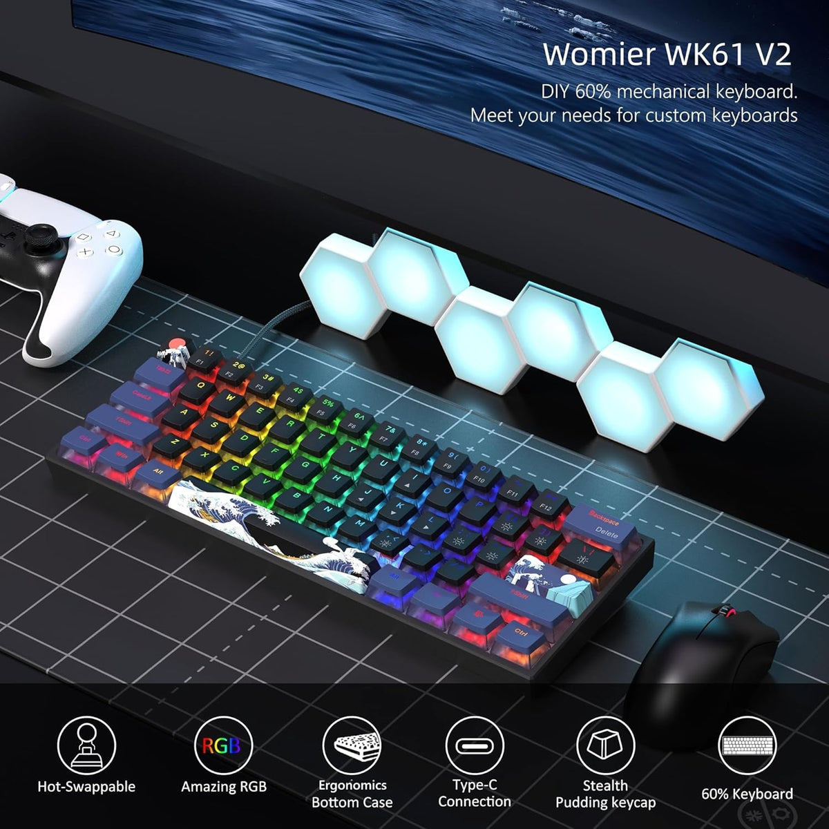 Womier 60% Percent Keyboard Gaming, Creamy Mechanical Wired Keyboard Anime | Hot-Swappable RGB Key board with PBT Keycaps for Windows PC Gamers - POM Linear Red Switch WK61 V2 Black Kanagawa