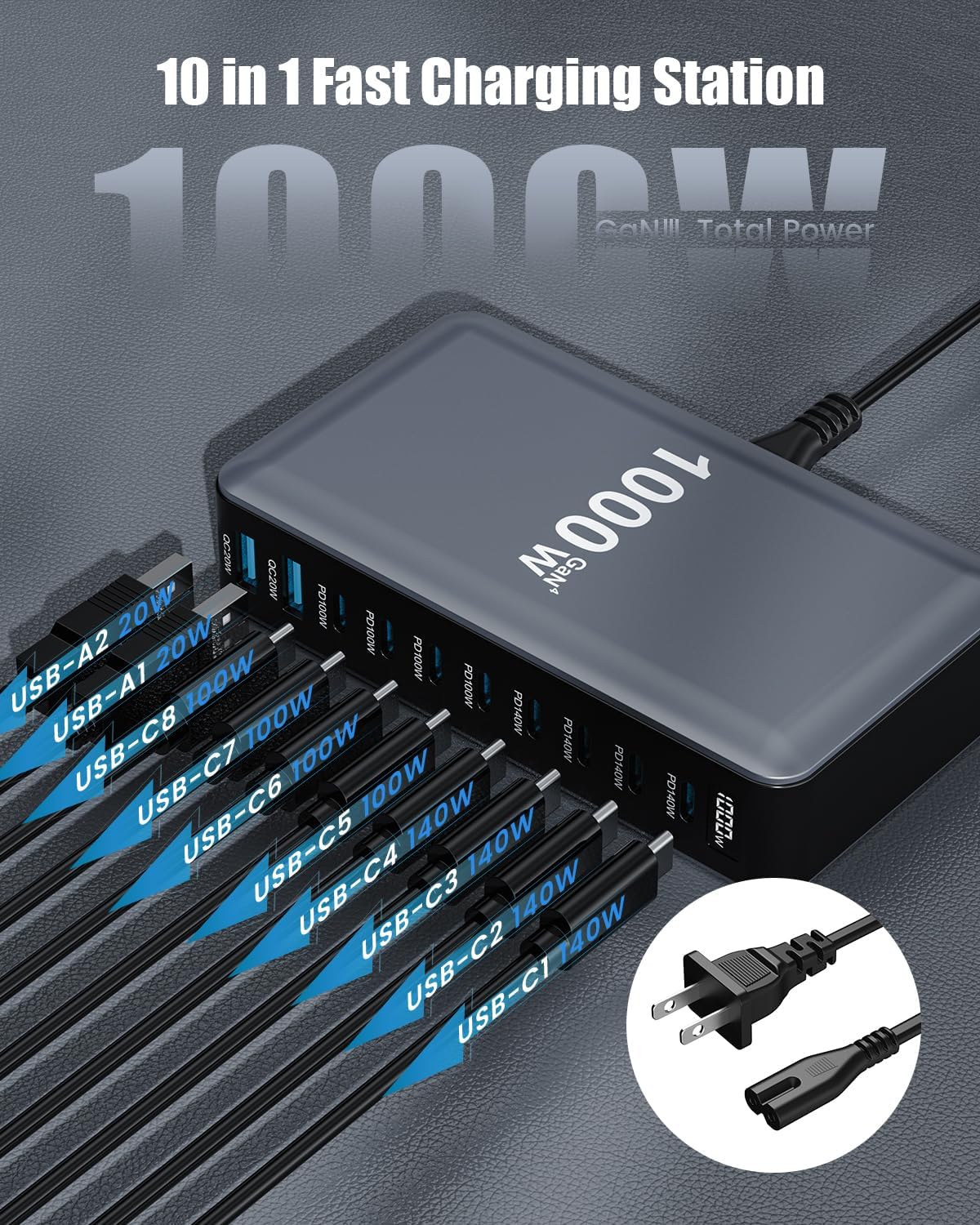 USB C Charger 1000W USB C Charger Block,Upgraded GaN IV 10-Port Charging Station Hub,Travel Essentials 140W Fast Charging Laptop Adapter for MacBook Pro/Air,DELL,Steam Deck,iPhone 17/16,Galaxy S25/24
