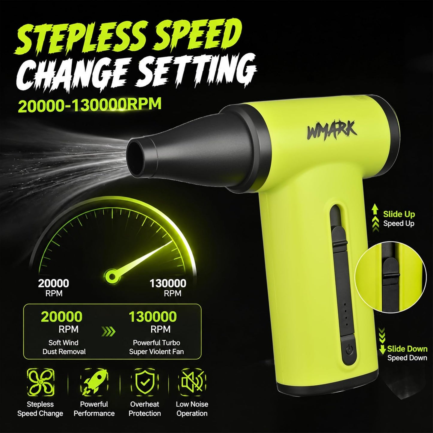 WMARK Electric Adjustable Turbo Jet Fan Compressed Air Duster - 130000 RPM Brushless Motor Mini Blower, 33m/s Max Wind Speed for Computer, Workshop, Home, Outdoor & Car, NG-TB001 (Green)