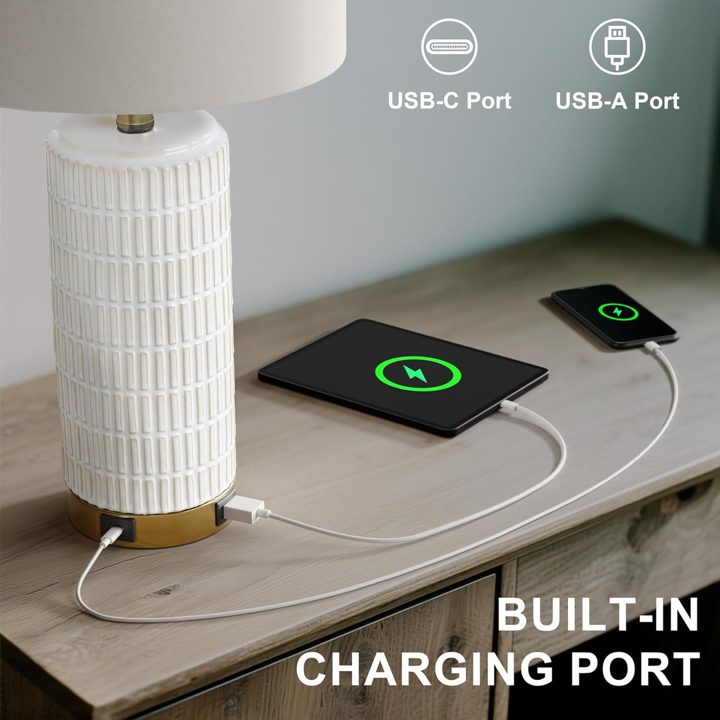 PoKat Touch Bedside Table Lamps with 2 USB for Bedroom Living Room, 25'' | Nightstand lamps Set of 2, 3 way dimmable with 2 bulbs, durable white ceramic, farmhouse & modern style for side table