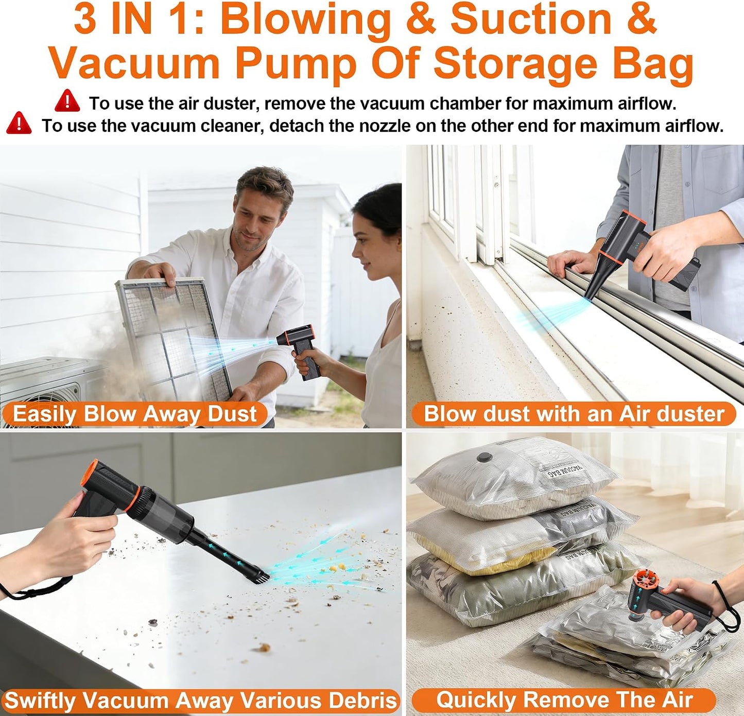 Compressed air Duster & Small Vacuum,150000RPM 3in1 Computer Vacuum Cleaner | compressed air vacuum with brushless motor,3-speed/multiple nozzles,for cleaning car, keyboard, computer, Storage Bag Sealing