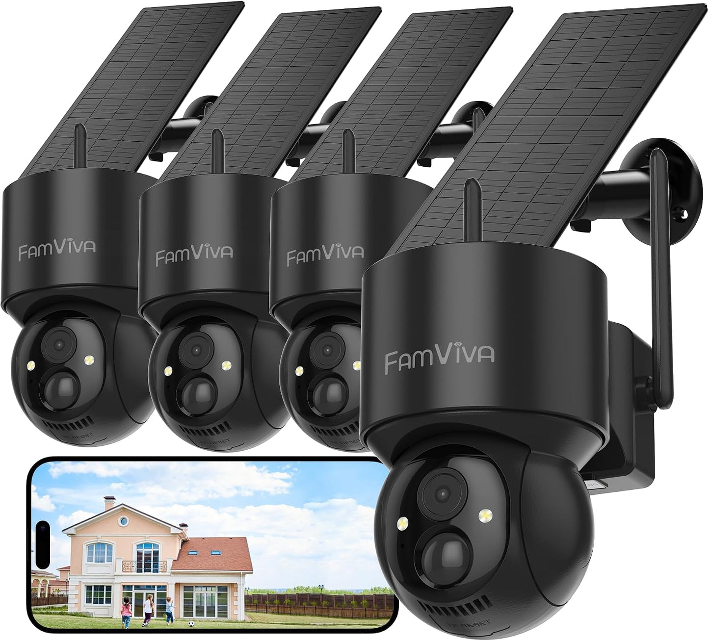 2K Solar Security Cameras Wireless Outdoor, 360°PTZ Battery Powered Cameras for Home Security, 2.4G WiFi Outdoor Camera with Color Night Vision, IP66 Waterproof, Motion Sensor Alarm, Black-4P